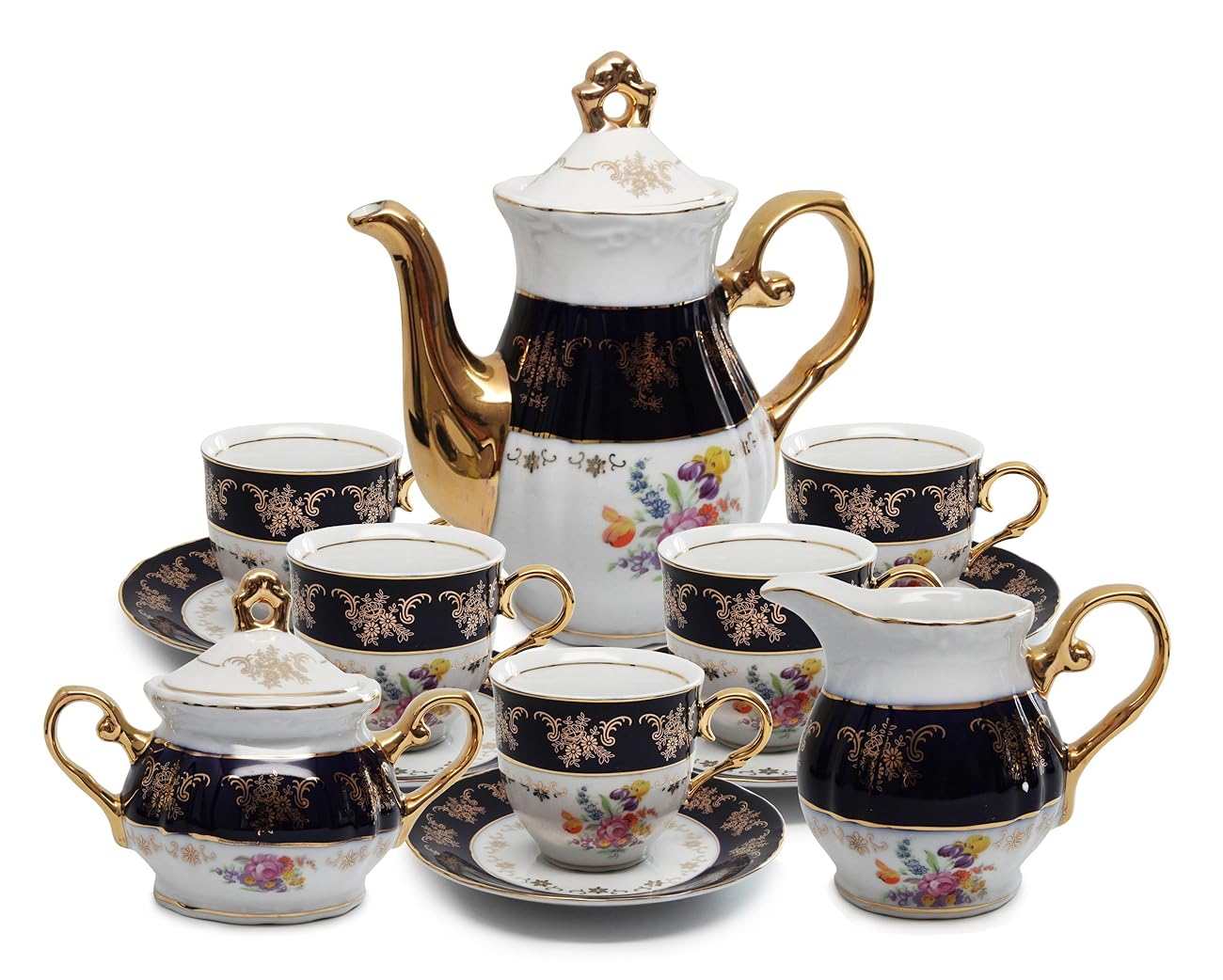 Royal Porcelain 17pc FlowerPatterned Dark Blue Tea Set, 24K Gold