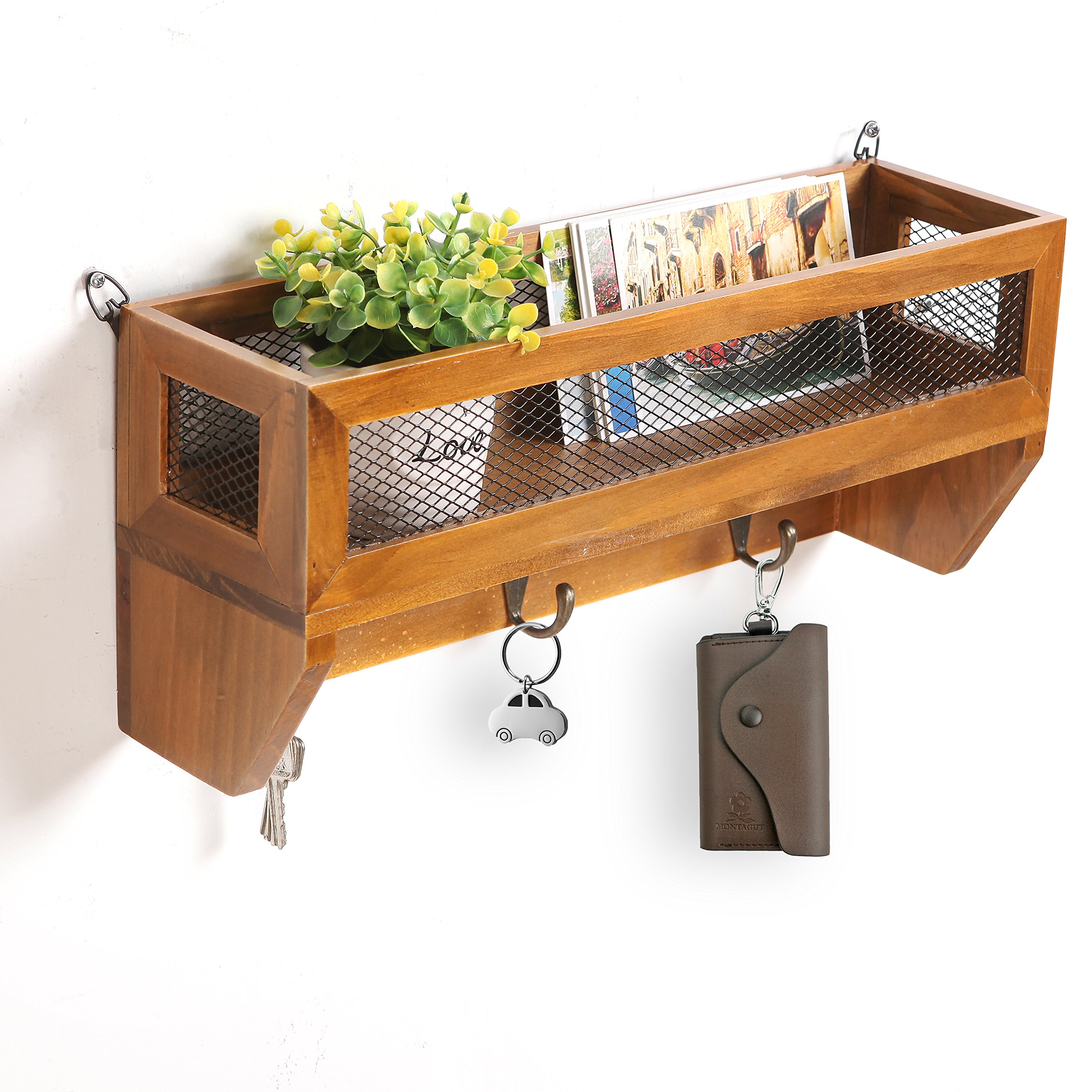 Country Rustic Dark Brown Wood & Metal Wall Mounted Storage Wire Mesh