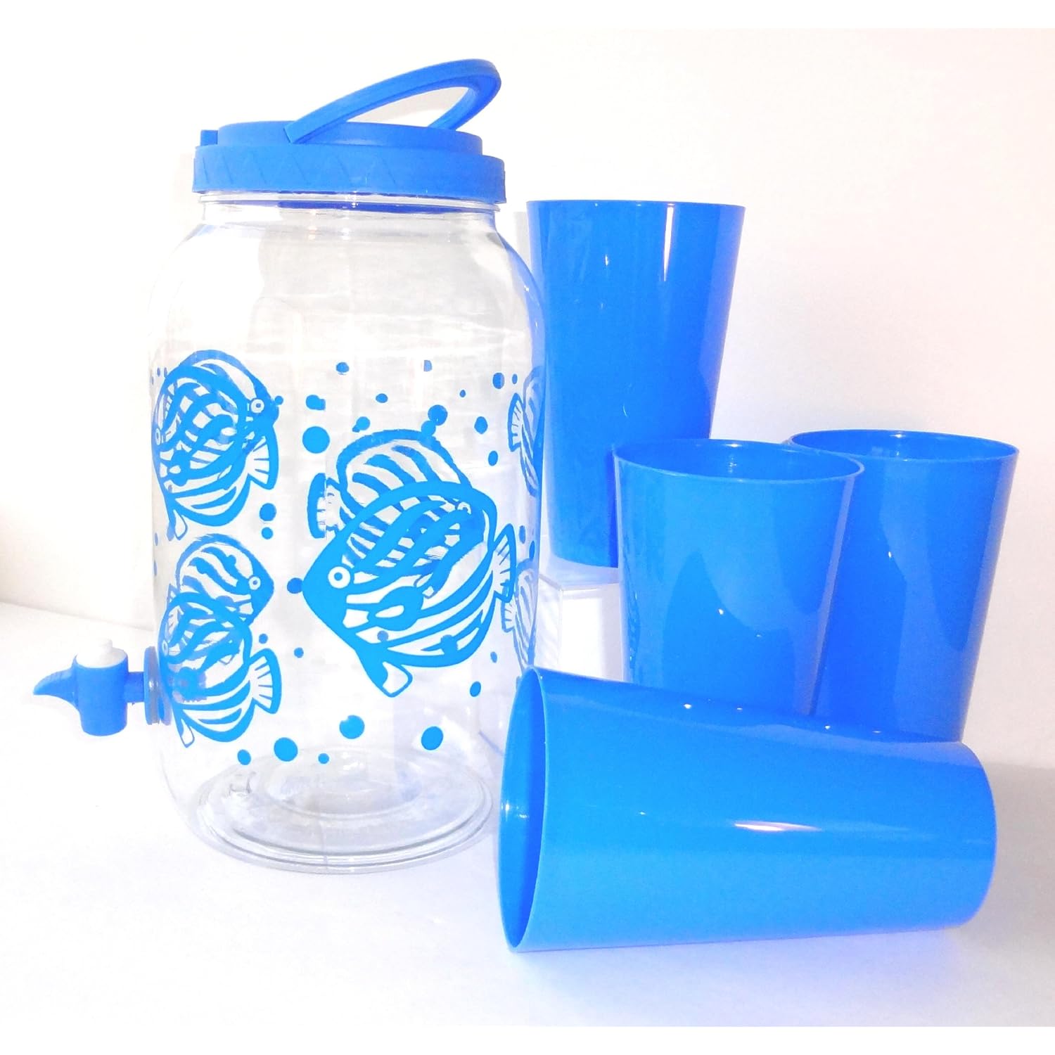 Ice Tea Beverage Dispenser with Spigot 1 Gallon & 4 Matching 22 Oz Cups -- Blue