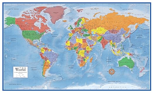 Map Of The World Laminated Wall Poster Wall Map World Classic Large Poster Laminated Huge School Home Office Mural Big (size 48x78)
