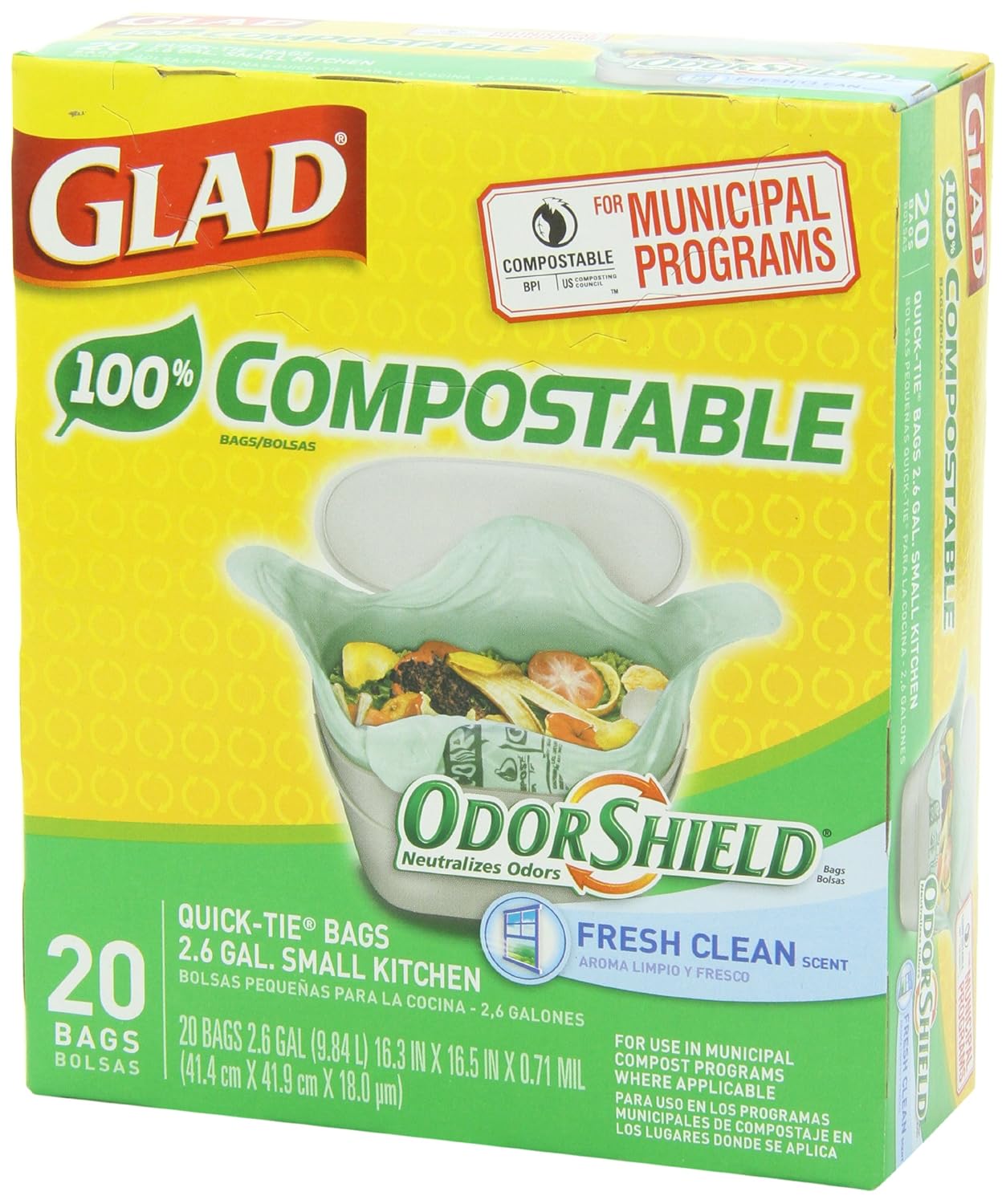 Glad OdorShield Small Kitchen Compostable Trash Bags, 2.6 Gallon, 20