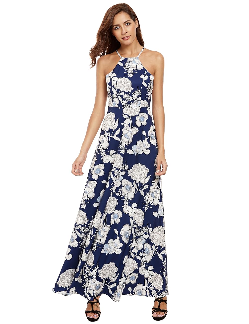 Floerns Women's Sleeveless Halter Neck Vintage Floral Print Maxi Dress