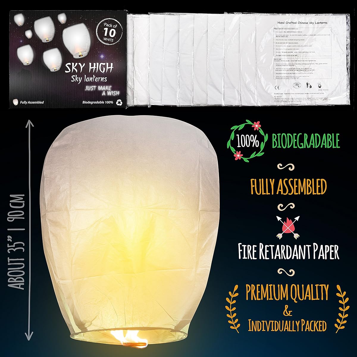 SKY HIGH Coral Entertainments chinese lanterns biodegradable and fully assambeled 10pack White