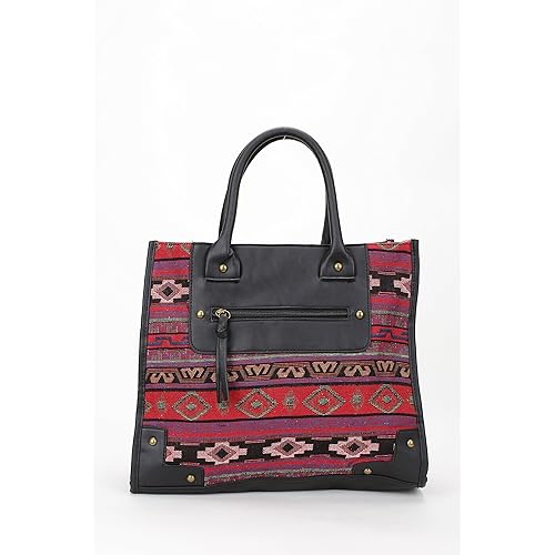 Aztec Inspired Fall Winter Tote Bag Handbag Top Handle Purse with Faux Leather Accent