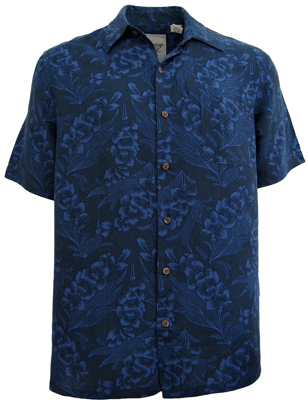 Mens Silk Linen Blend Hawaiian Camp Shirt Navy Blue Floral Casual