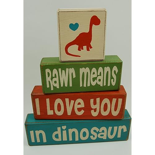 Primitive Country Wood Stacking Sign Blocks Dinosaur Decor Childrens Room Rawr Means I Love You In Dinosaur