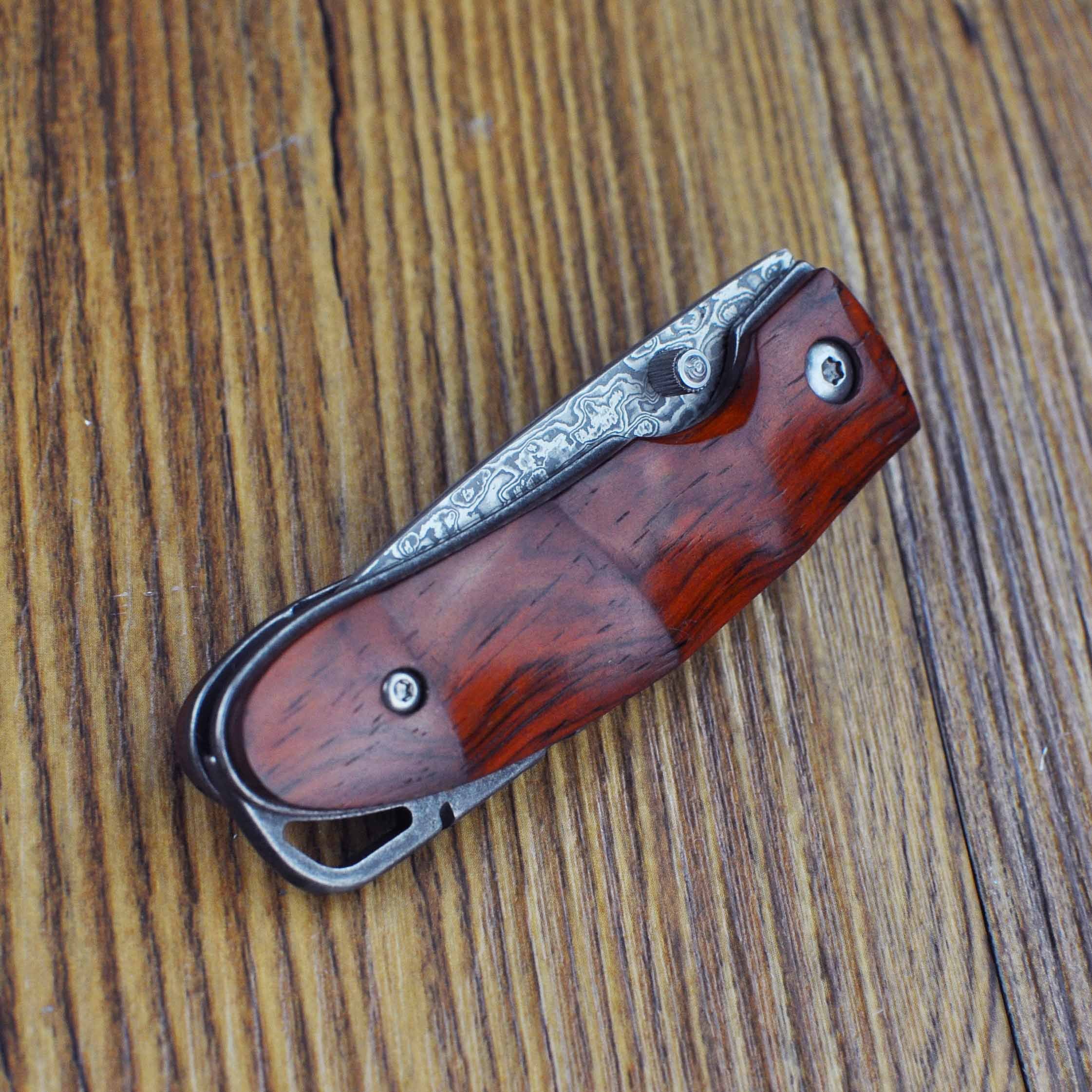 KUBEY Damascus Steel Folding Pocket Knife,Rosewood Handle,About 2 Inch