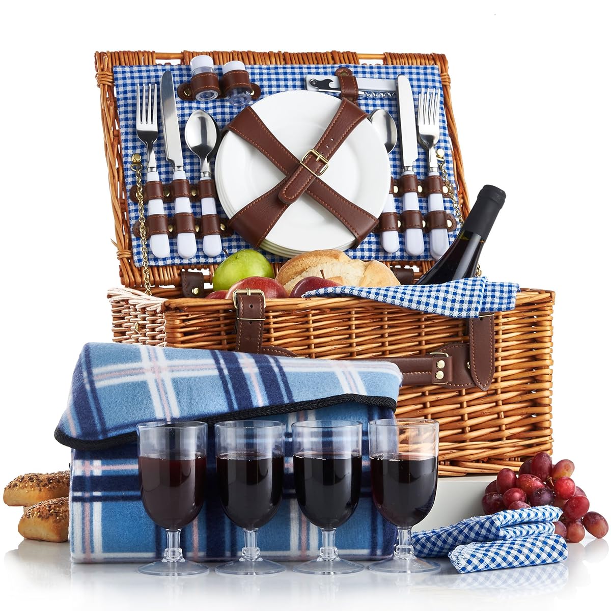 VonShef 4 Person Wicker Picnic Basket Hamper Set with Flatware, Plates