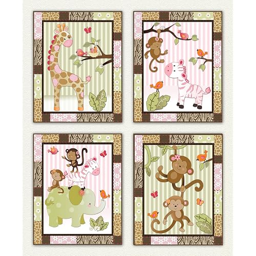 Little Jungle Jilly - Pink and Green Jungle Animal Nursery Art Prints (8x10 (4) Set of Four)
