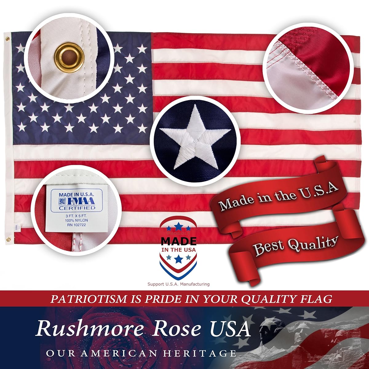 American Flag Made in USA. Premium 3x5 US Flags. Embroidered Stars