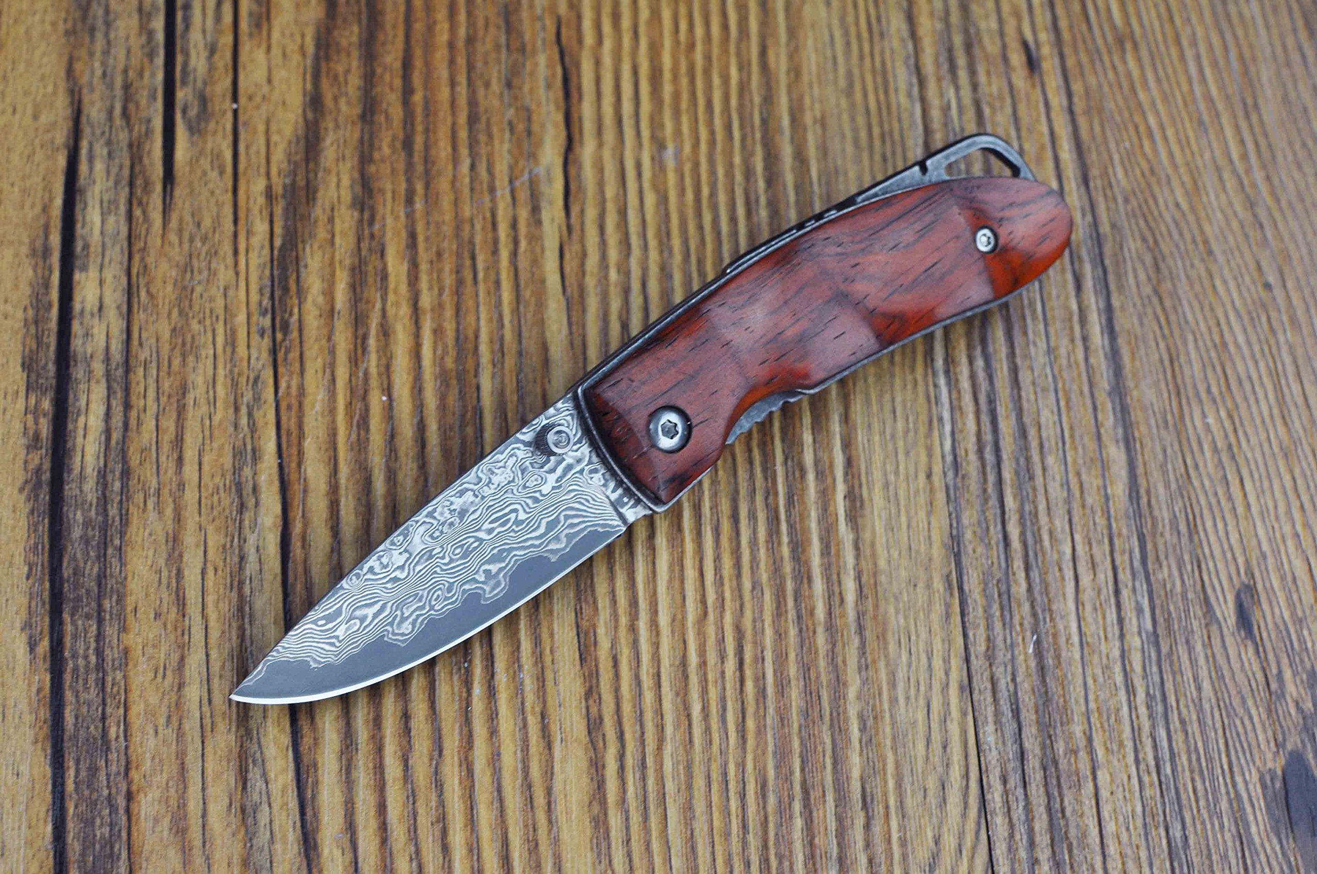 KUBEY Damascus Steel Folding Pocket Knife,Rosewood Handle,About 2 Inch