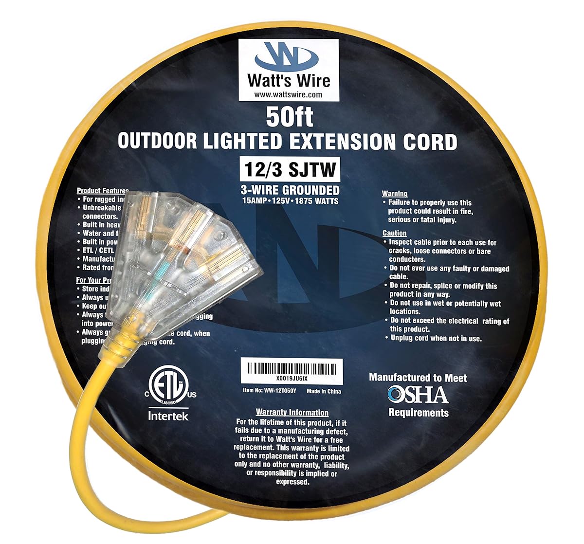 50 ft 12 Gauge Heavy Duty Indoor Outdoor SJTW Lighted Triple Outlet