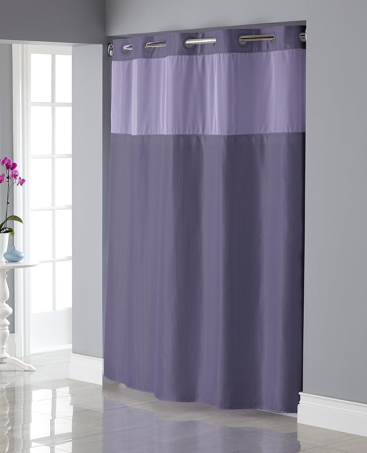 Hookless Shiny Texture Herringbone Shower Curtain with SnapIn PEVA