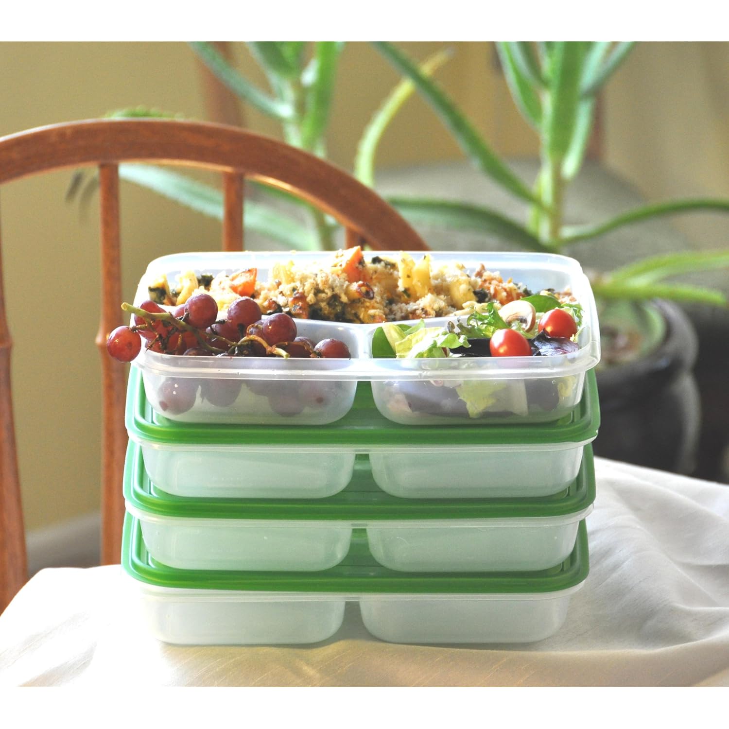 Lunch Box for Work 3 Compartment Containers Set of 4 Easy Open Lids
