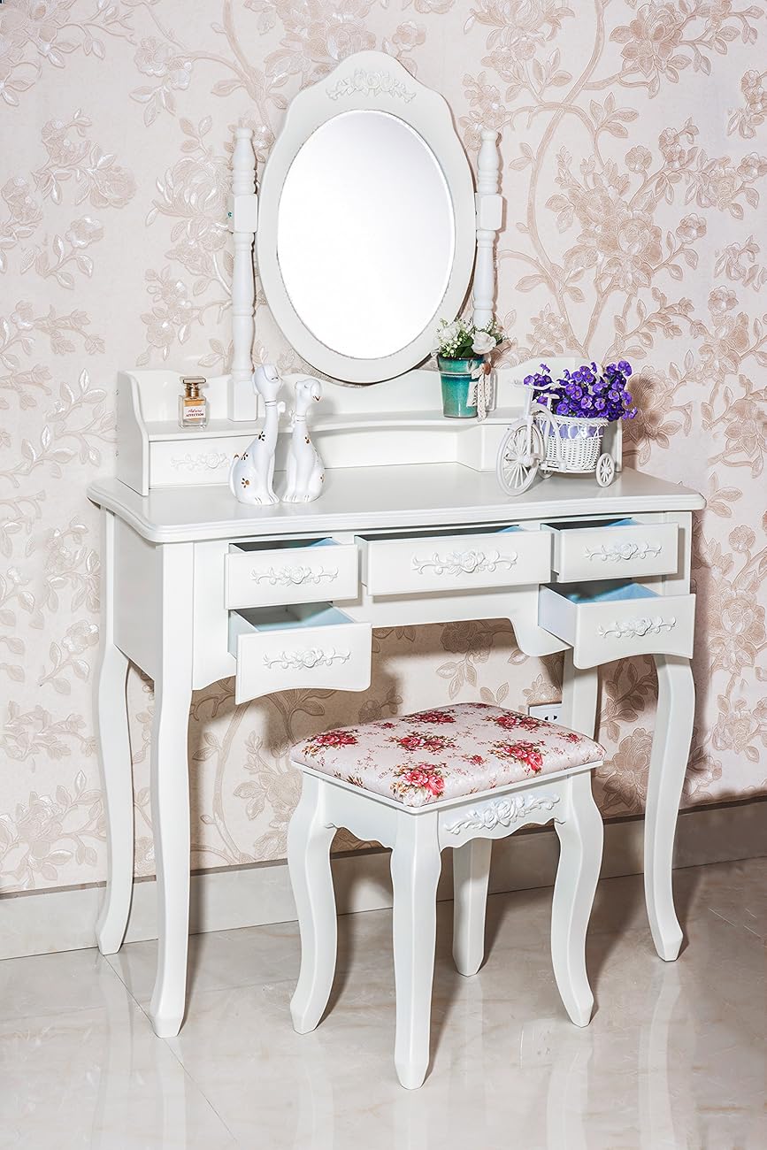 Beautiful White Label Cleopatra Vintage Vanity Table (7 Drawer)
