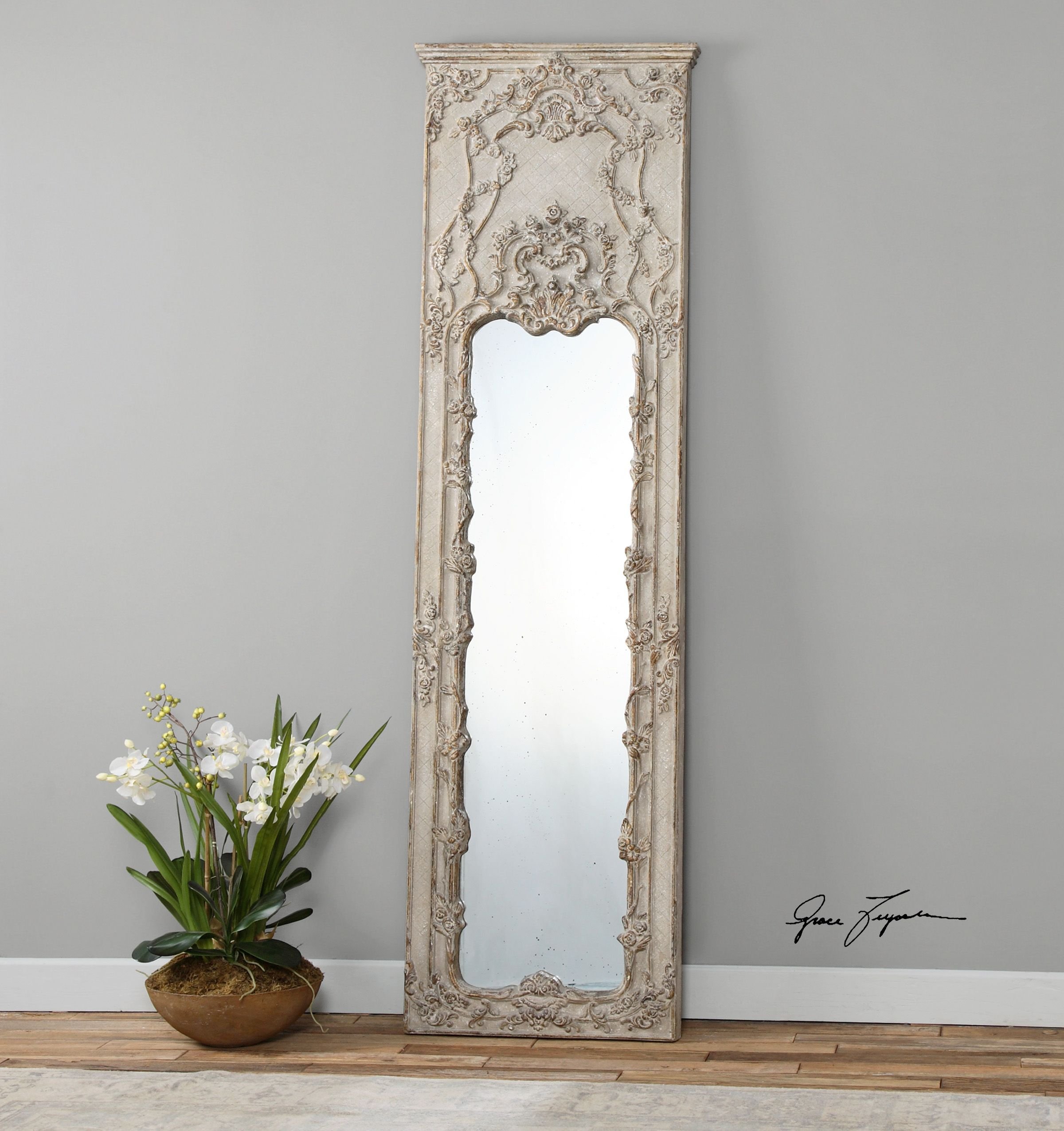 Tall Victorian Ornate Ivory Mirror Oversize Wall, Floor or Leaner