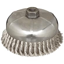 Weiler Wire Cup Brush, Threaded Hole, Stainless Steel 302, Partial Twist Knotted, 6" Diameter, 0.023" Wire Diameter, 5/8"-11 Arbor, 1-3/8" Bristle Length, 6600 rpm (Pack of 1)
