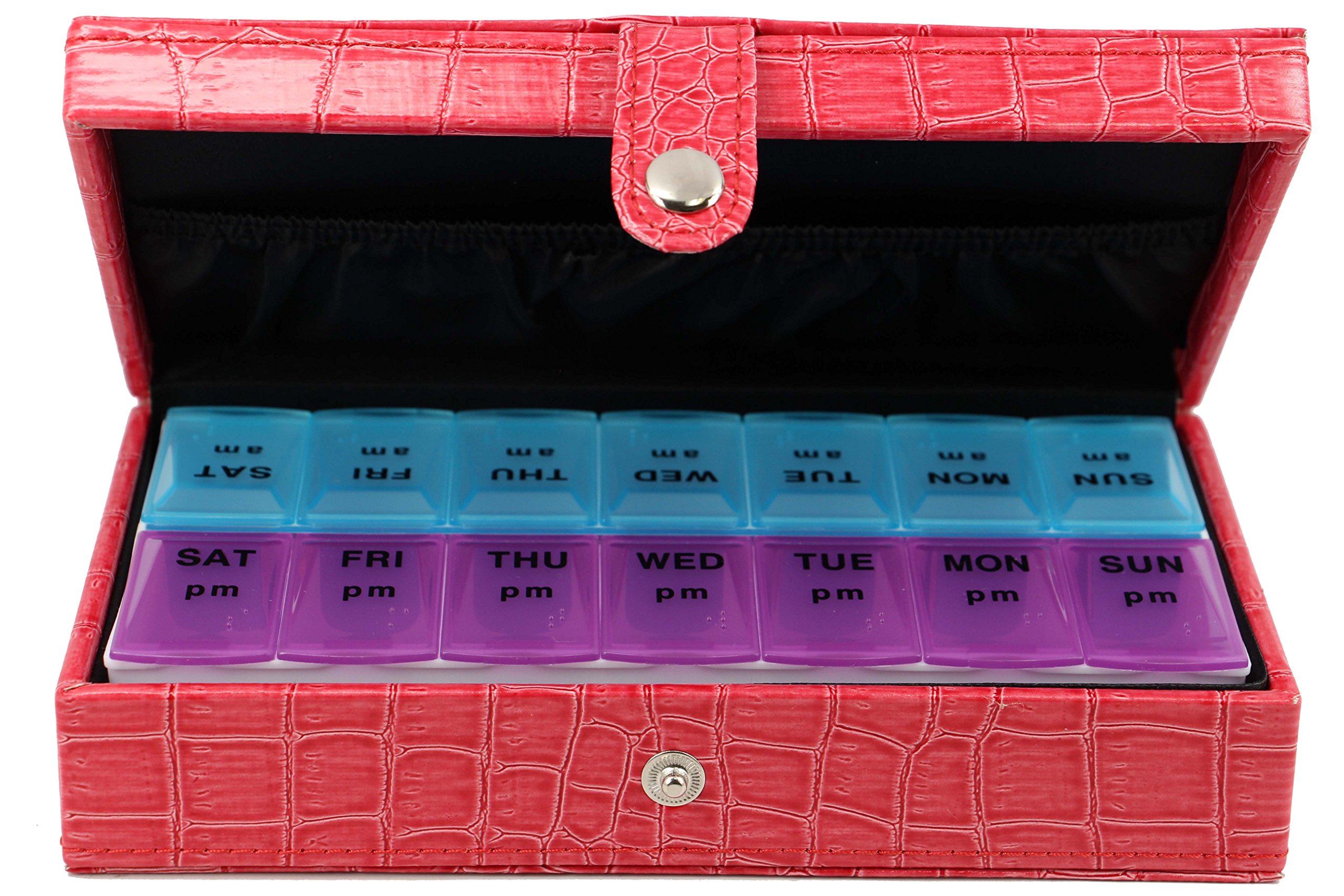 7 Day Pill Box Medication & Prescription Organizer with Leather Travel