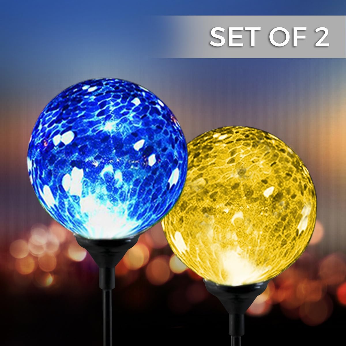 Solar Powered Crackle Glass Ball Color Changing Stake Lights Set Of 2