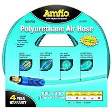 Amflo 13-100E Blue 300 PSI Polyurethane Air Hose 3/8" x 100' With 3/8" MNPT Swivel Ends And Bend Restrictor Fittings