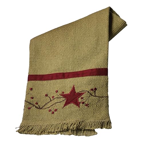 Primitive Star N Berries Vine Cotton Burlap Towel 20 X 28 Burgundy Tan