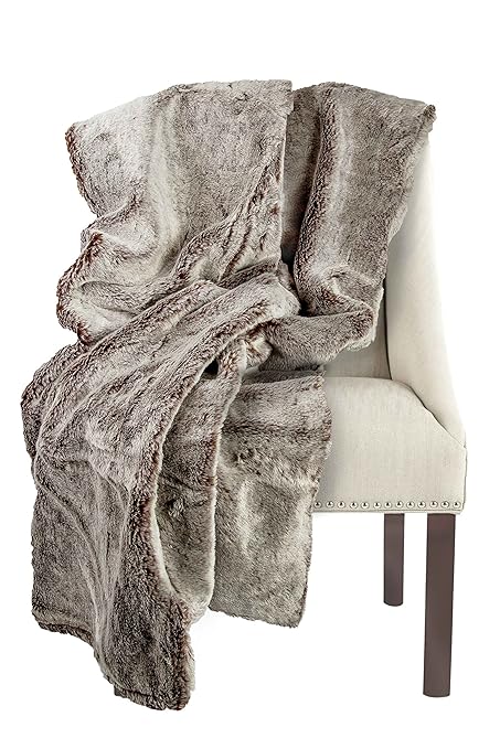 Authentic Fox Faux Fur Two Tone Grey Brown Thick Super Soft Throw Blanket 50" X 60"