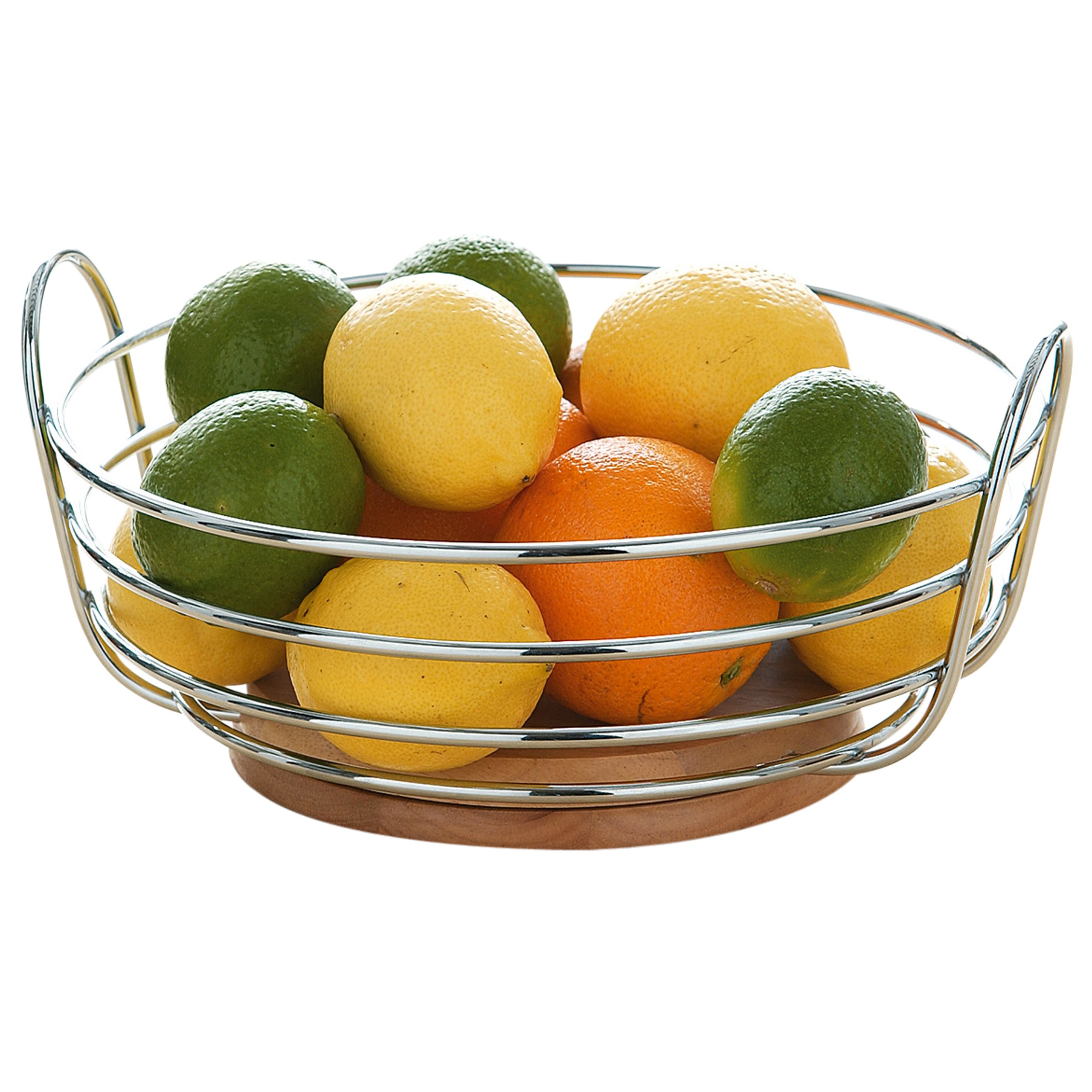 Premier Housewares Round Chrome Wire Fruit Bowl with Wood Base