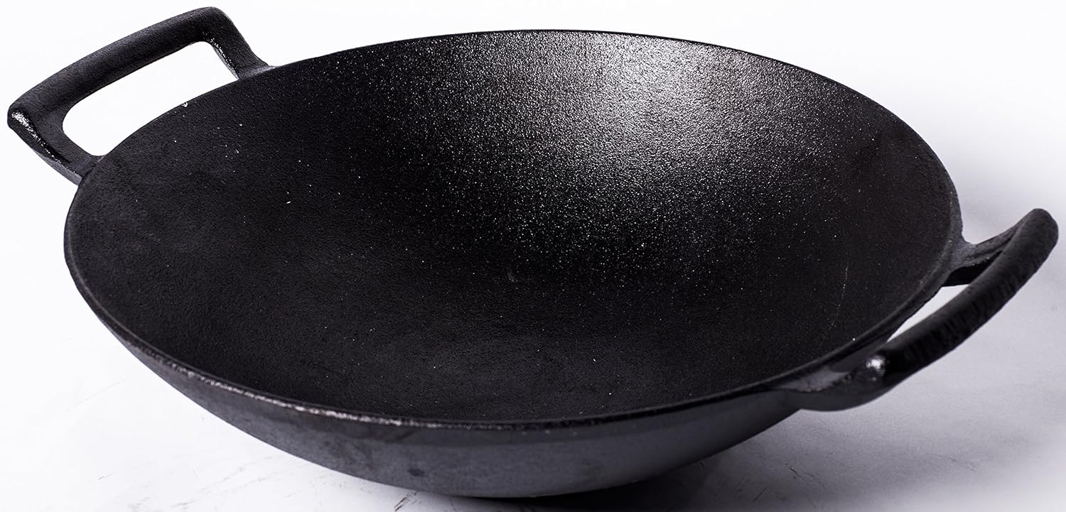 Cast Iron Shallow Concave Wok Black, Solid frying pan 14inch eBay