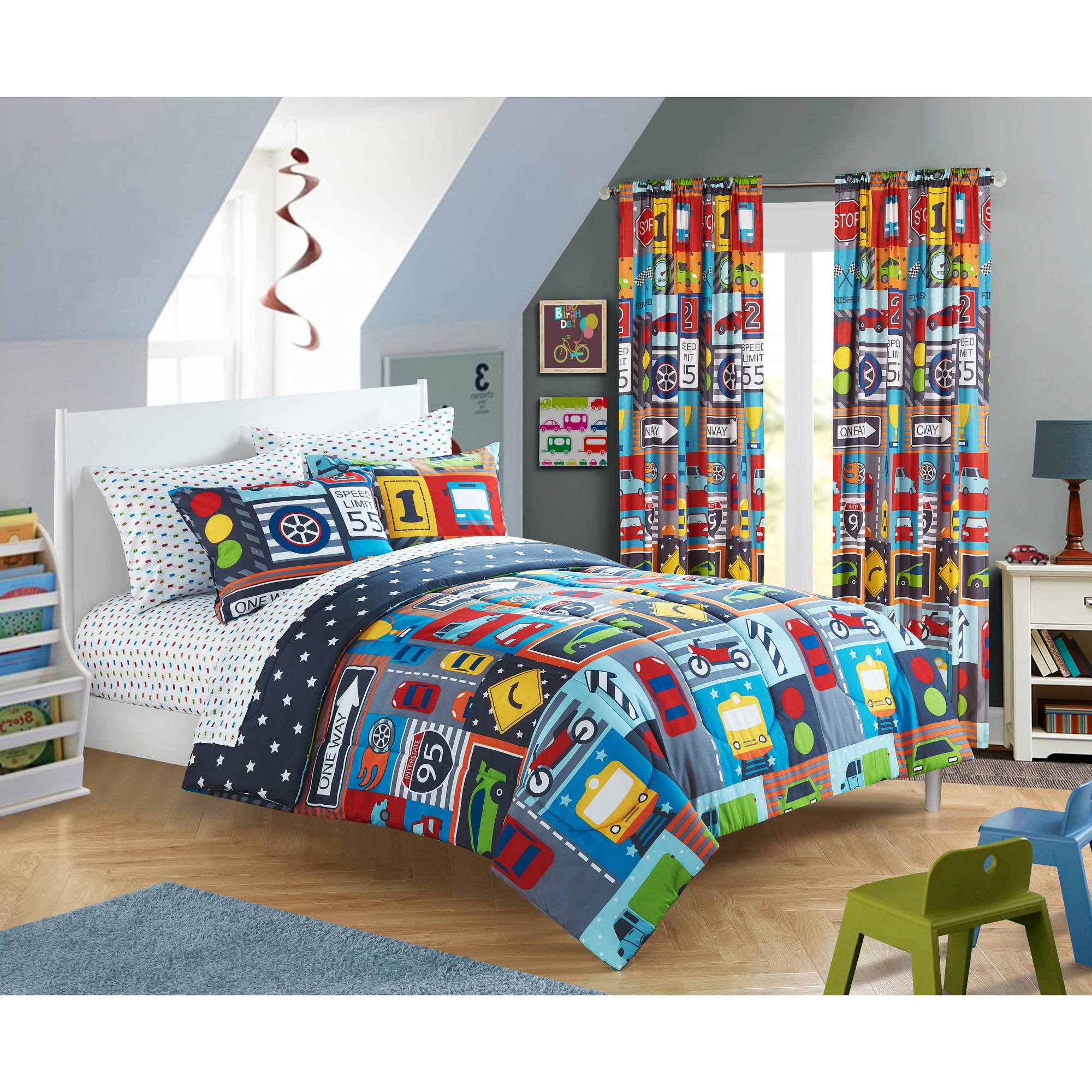 Kid's Cars Transportation Comforter Set 7 Piece Child's Cars Bed In A