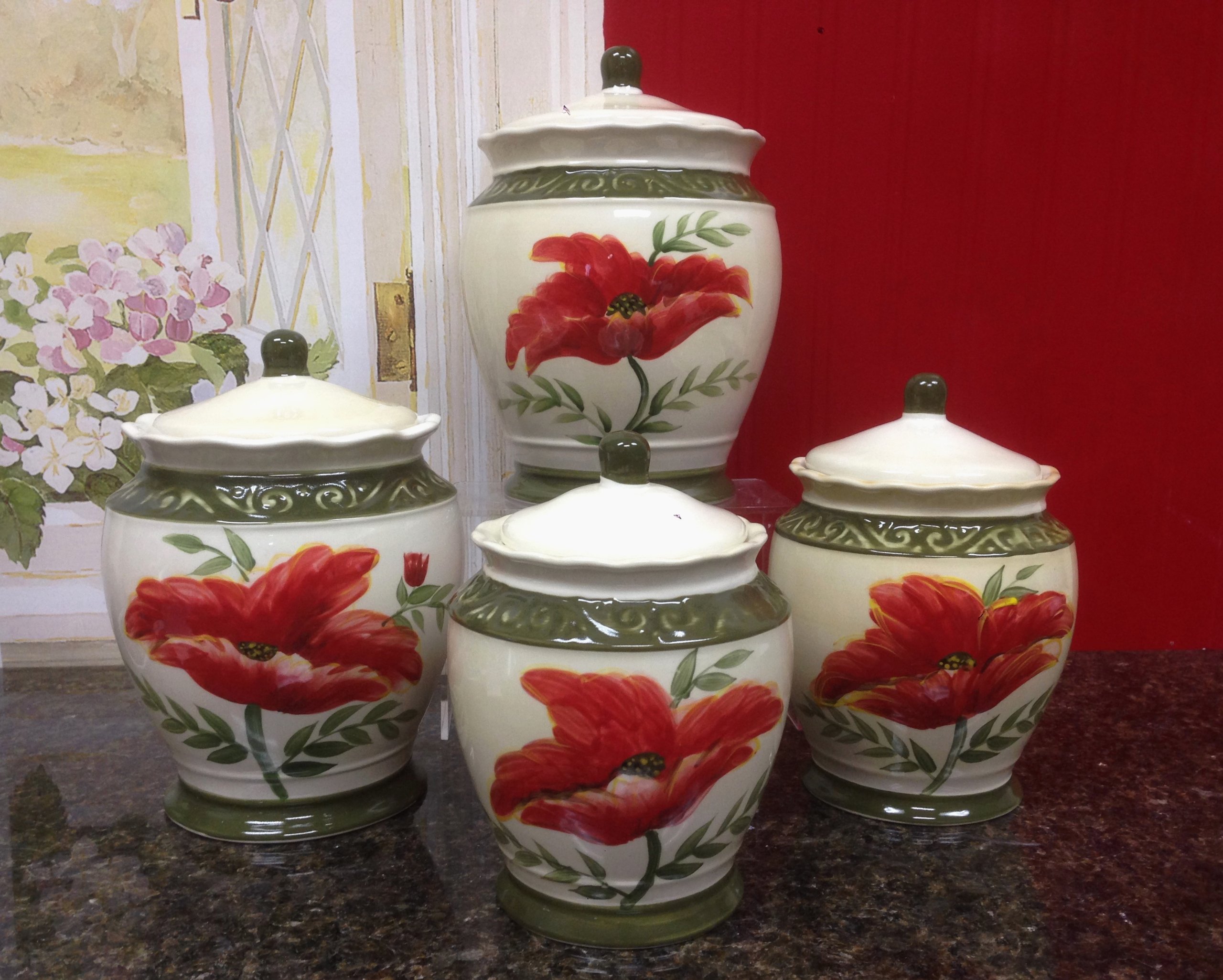 Tuscany Floral Poppy Hand Painted Ceramic Canister Set of 4 84701 by