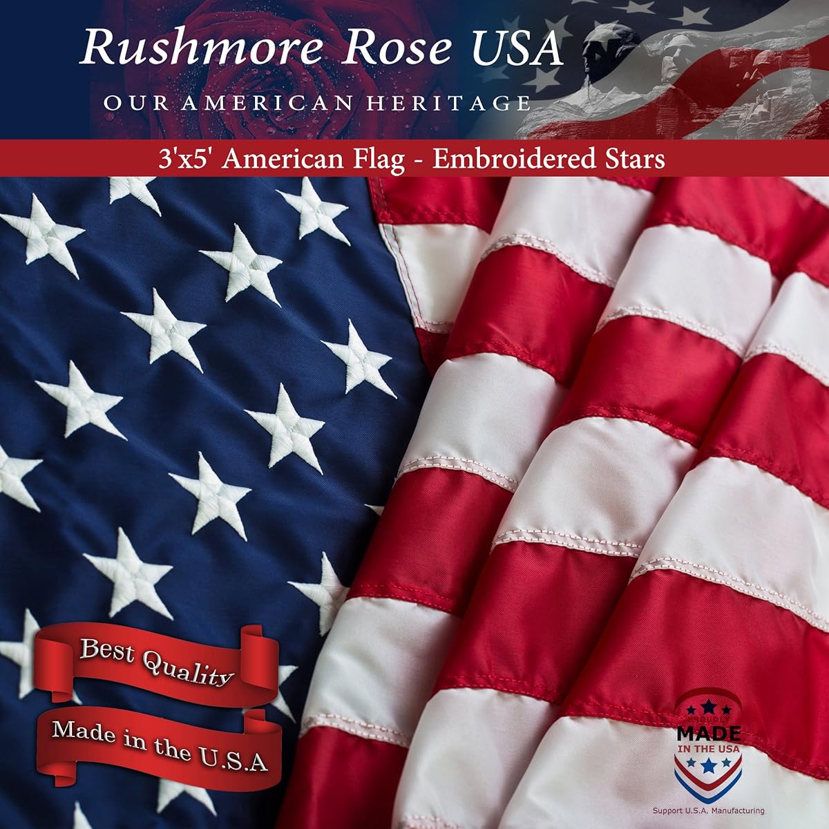 American Flag Made in USA. Premium 3x5 US Flags. Embroidered Stars