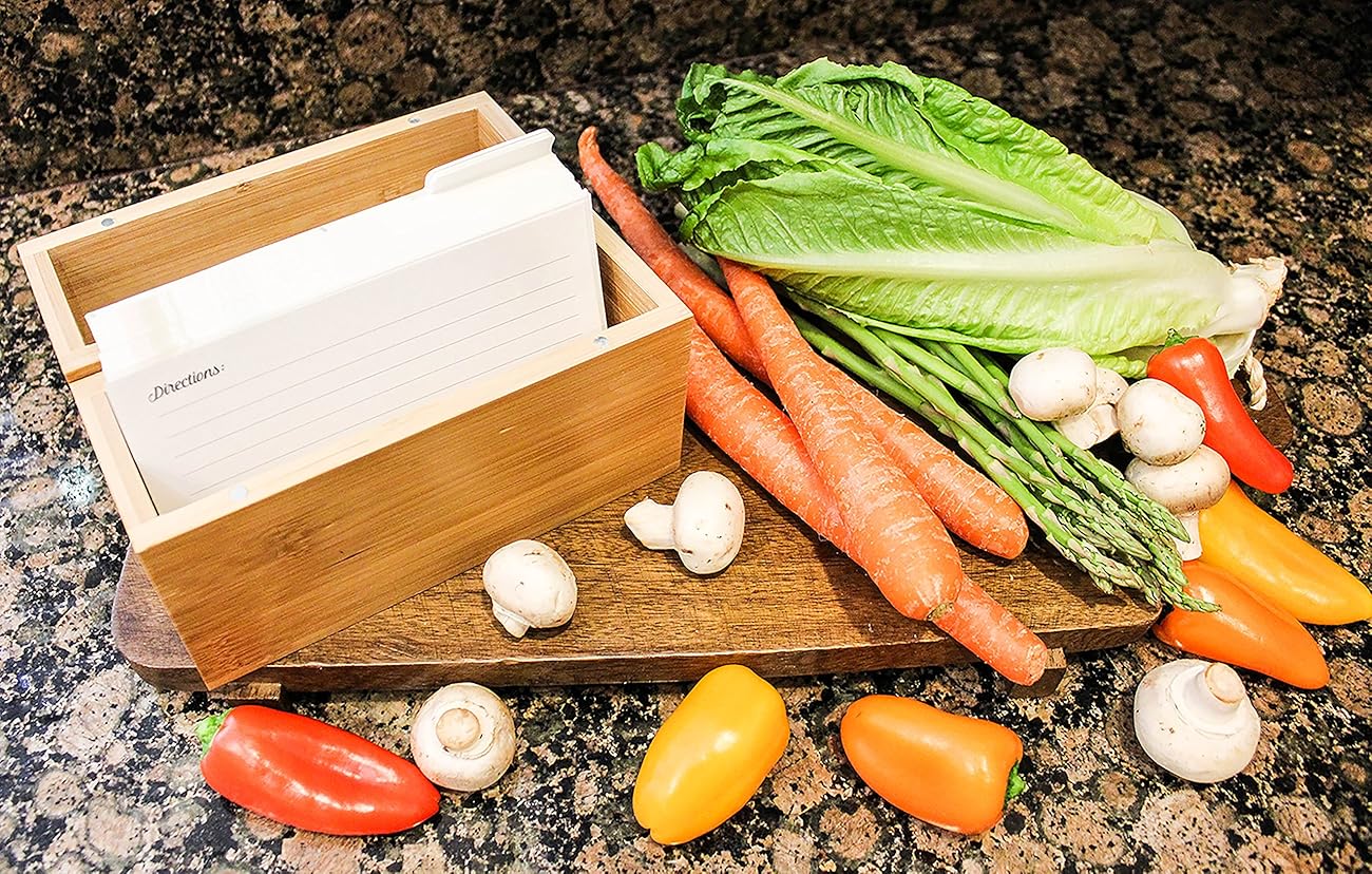 Bamboo Recipe Box Set With 100 Recipe Cards & 10 Blank Dividers Holds Up To 200, 4x6 Cards