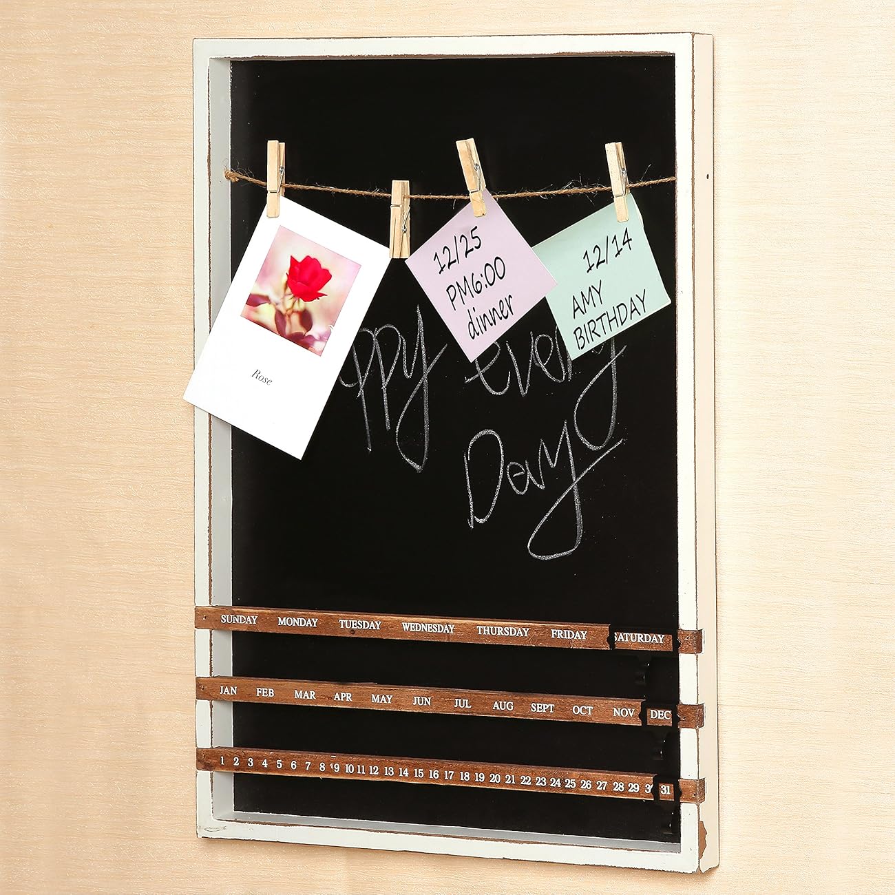 Wall Mounted Wood Frame Chalkboard w/ Vintage Wood Sliding Calendar