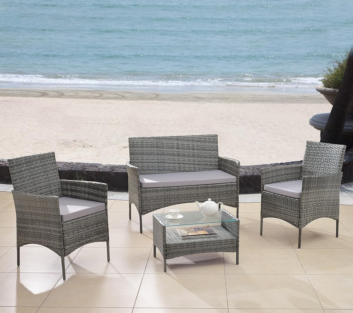 Modern Outdoor Garden, Patio 4 Piece Seat Grey, Dark Espresso Wicker