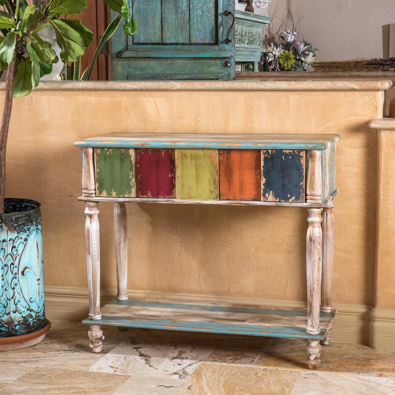 Leo Solid Wood 2 Drawer Console Table in Antique Weathered Multi-Color Style 0