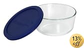 Pyrex Storage 4-Cup Round Dish with Dark Blue Plastic Cover, Clear