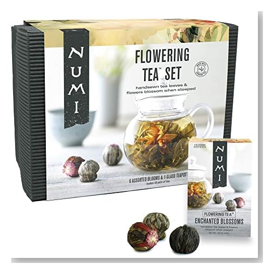 Numi Organic Tea Flowering Gift Set in Handcrafted Mahogany Bamboo Chest: Glass Teapot & 6 Flowering Tea Blossoms