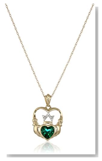 14k Yellow Gold Created Emerald and Diamond Claddagh Pendant