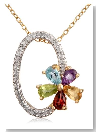 Gold Plated Sterling Silver Multi-Gemstone and Diamond Accent Oval Flower Pendant, 18