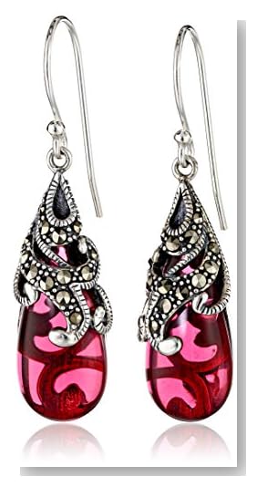 Sterling Silver Marcasite and Garnet Colored Glass Teardrop Earrings