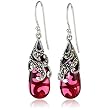 Sterling Silver Marcasite and Garnet-Colored Glass Teardrop Earrings