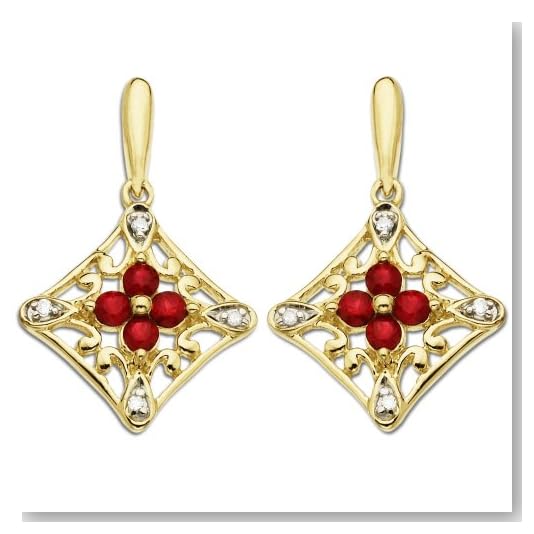 14k Yellow Gold Ruby and Diamond Drop Earrings