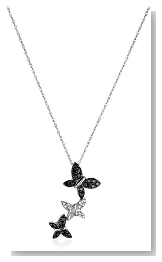 14k White Gold Black and White Diamond Triple Butterfly Pendant (1/5 cttw), 18