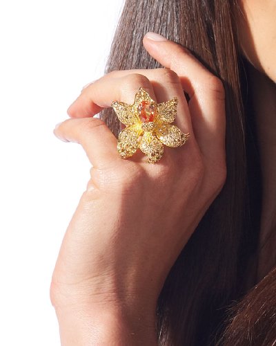 "Jeweled Crystal Flower Ring - Crystal/Gold (7)"