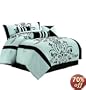 7 Pieces Aqua with Blue and Black Floral Flocking Comforter Set Bed-in-a-bag Queen Size Bedding