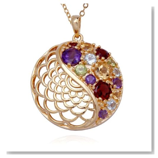 18k Yellow Gold Plated Sterling Silver Multi-Gemstone Round Pendant, 18