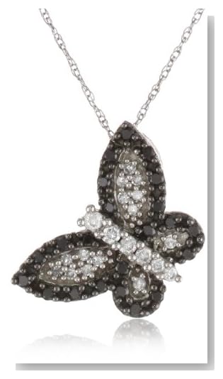 10k White Gold Black & White Butterfly Diamond Pendant (1/2 cttw, I-J Color, I3 Clarity), 18