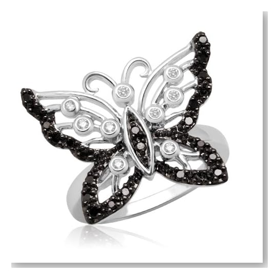 10k White Gold Black & White Butterfly Diamond Ring (1/4 cttw, I-J Color, I3 Clarity), Size 5