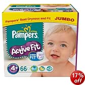 Pampers Active Fit Size 4+ (20-44 lbs/9-20 kg) Nappies - 2 x Jumbo Packs of 66 (132 Nappies) - Packaging Varies