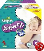 Pampers Active Fit Size 5 Junior Nappies - 2 x Jumbo Packs of 62 (124 Nappies)